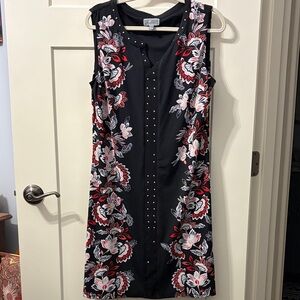 JM Collection Black Dress with Red and White Floral Embroidery